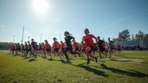 Group of prospective recruits doing interval runs on a field.