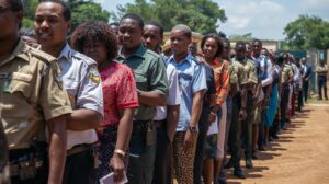 Kenya Police Recruitment 2025 Application Registration Form Portal: Applicants lining up for document verification at NPSC county recruitment centre.