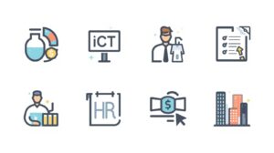 Icons representing lab technician, ICT, finance and HR roles at KNRA.
