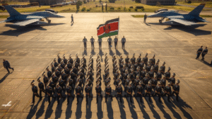 Inspirational image of KDF parade or Kenya Air Force aircraft with recruits in training.
