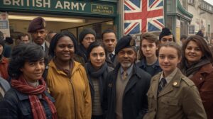 Image of diverse Commonwealth applicants or British Army recruitment kiosk.