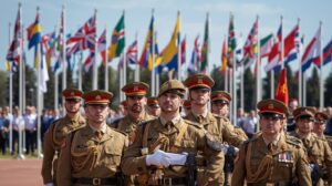 British Army troops and Commonwealth flags during parade”.