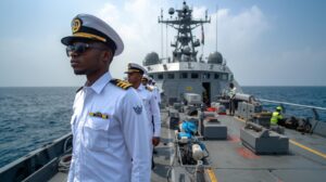 Nigerian Navy officers on duty aboard a patrol vessel.