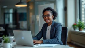 Uk Jobs With Visa Sponsorship​: Nigerian professional working in the UK office environment.